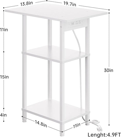 Asgolion Tall Side Table with Charging Station, Skinny End Table Nightstand with USB Ports and Outlets, 3 Tier Narrow Side Table with Storage for Bedroom, Living Room, Office, Nursery, White
