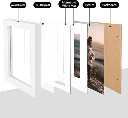 KINLINK 6x8 Picture Frame White, Solid Wood Frames with Acrylic Plexiglass for Pictures 4x6 with Mat or 6x8 without Mat, Tabletop and Wall Display Photo Frame, Set of 4