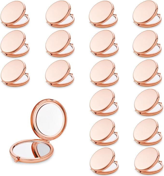 Compact Mirror for Purse, Metal Round Shell, Double-Sided 1X/2X Magnifying, Portable Travel Small Makeup Mirror, Mini Pocket Mirror, Rose Gold, 18 Packs