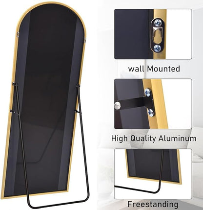 Floor Length Mirror, 76"x34" Arch Full Length Mirror Hanging or Leaning, Body Mirrors with Stand, Arched-Top Wall Mounted Mirrors with Aluminum Frame for Bedroom (Gold)