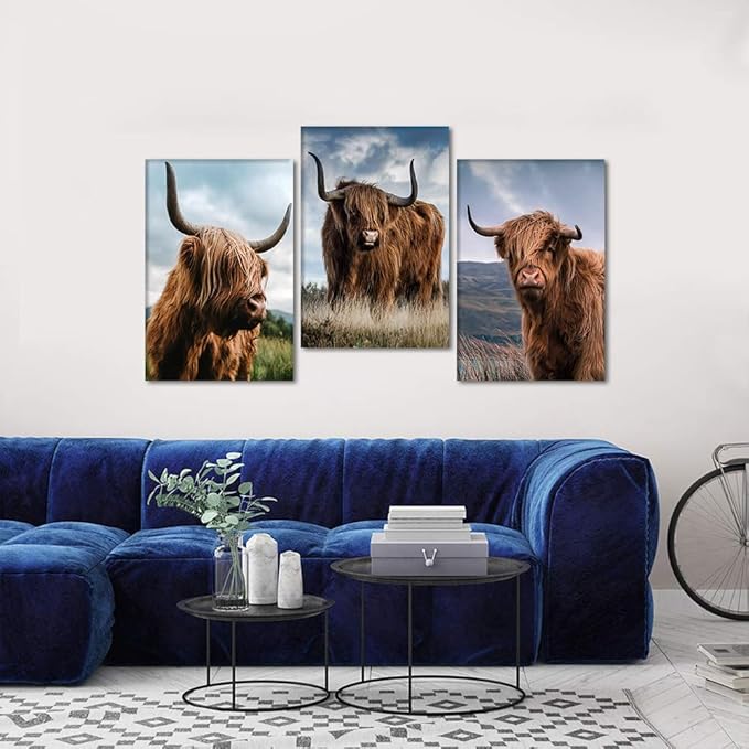 Large Wall Art 3 Panels Cow Pictures Wall Decor Highland Cow Canvas Art Vintage Farm Cattle Posters Animal Painting Canvas Prints Decor, Framed 24'' Wx36''Hx3pcs