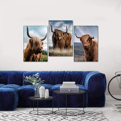Large Wall Art 3 Panels Cow Pictures Wall Decor Highland Cow Canvas Art Vintage Farm Cattle Posters Animal Painting Canvas Prints Decor, Framed 24'' Wx36''Hx3pcs