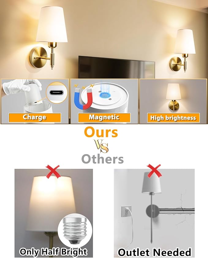 Adetu Battery Operated Wall Sconces Set of Two, Gold Rechargeable Wall Lights with 10000mAh RGB Rechargeable Magnetic Bulb, Battery Wall Sconce with Remote Control for Bedroom Decor
