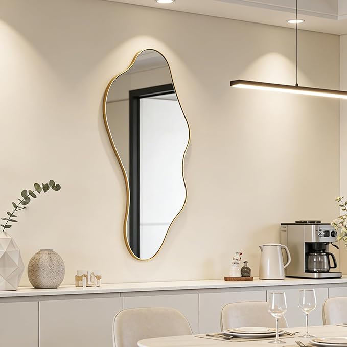 Irregular Wall Mirror, 47"x22" Gold Asymmetrical Mirror with Metal Frame, Modern Organic Shaped Mirror for Living Room Bedroom Hallway Entryway, Horizontal or Vertical Wall Hanging