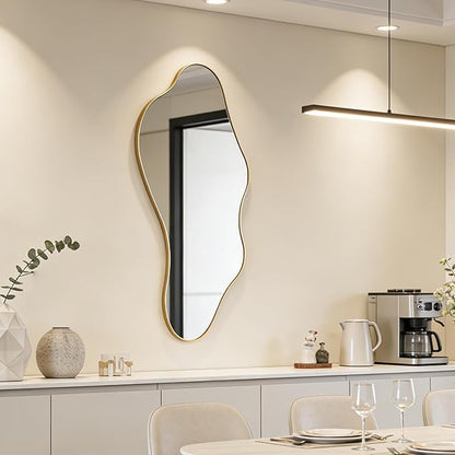Irregular Wall Mirror, 47"x22" Gold Asymmetrical Mirror with Metal Frame, Modern Organic Shaped Mirror for Living Room Bedroom Hallway Entryway, Horizontal or Vertical Wall Hanging