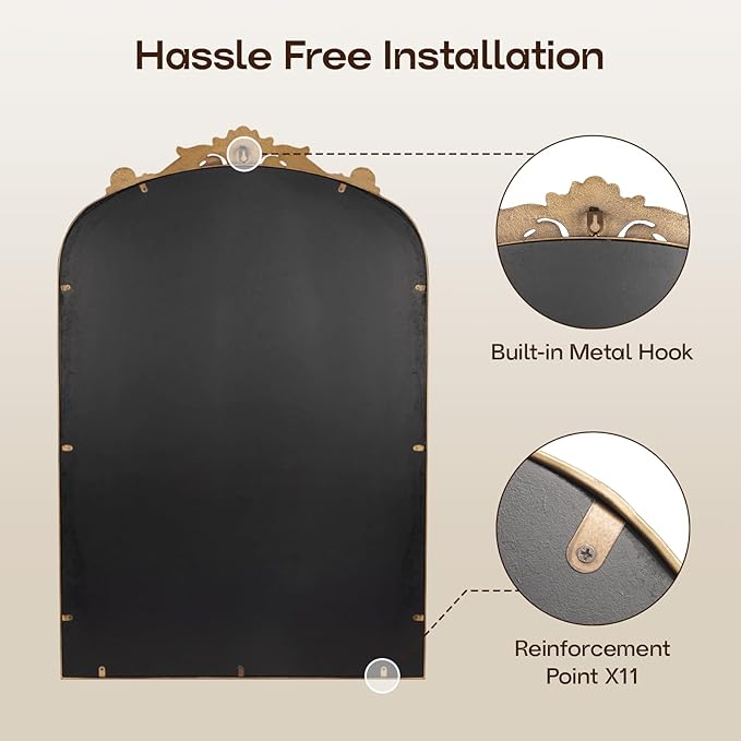 USHOWER Gold Anthropologie Vintage Mirrors for Wall, 24" x 36" Antique Baroque Style with Ornate Frame, Arched Brass Decoration for Fireplace, Bathroom, Living Room, Entryway Remodel