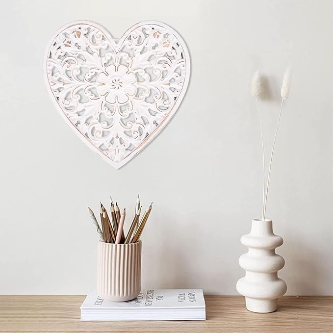 Wooden Wall Decor, Floral Hollow Carved Wall Panel Hanging Decor Rustic Art Sculpture Decorative Carved Floral-Patterned Distressed White MDF Wall Panel for Hallway Bedroom Cafe Office (Heart)