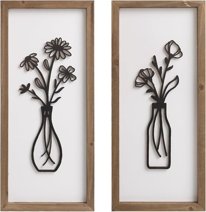 pechpell 3D Wooden Flower Wall Art With Wood Framed, 15.7×7.1 Inch Set of 2 Boho Black White Wall Vase For Floral Decor, Bathroom Bedroom Kitchen Rustic Farmhouse Home Artwork
