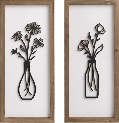 pechpell 3D Wooden Flower Wall Art With Wood Framed, 15.7×7.1 Inch Set of 2 Boho Black White Wall Vase For Floral Decor, Bathroom Bedroom Kitchen Rustic Farmhouse Home Artwork