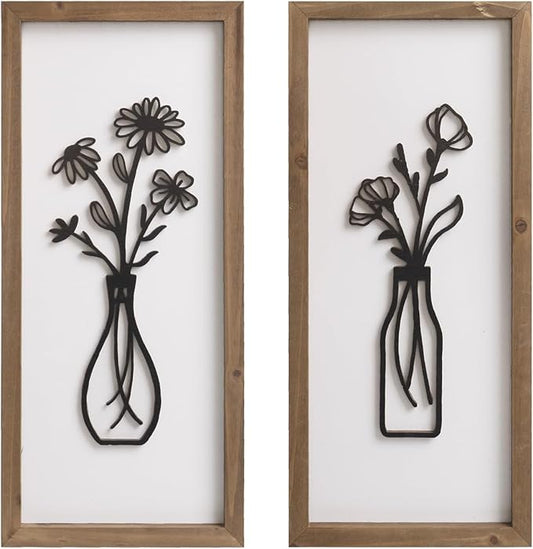 pechpell 3D Wooden Flower Wall Art With Wood Framed, 15.7×7.1 Inch Set of 2 Boho Black White Wall Vase For Floral Decor, Bathroom Bedroom Kitchen Rustic Farmhouse Home Artwork