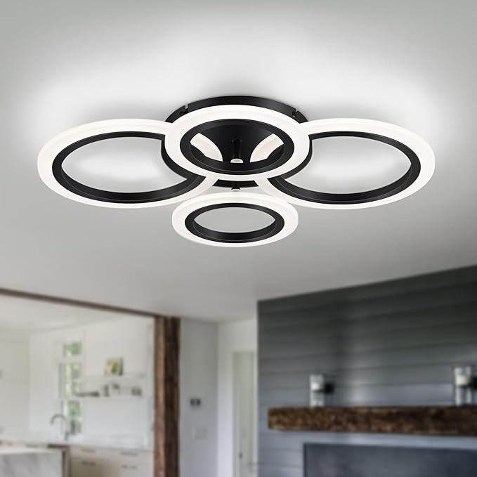 Modern LED Flush Mount Ceiling Light, 4 Rings Black Close to Ceiling Light Fixtures, Kitchen Lighting Fixture Ceiling Lamp for Bedroom, Living Room, Laundry Room, 4000K Not Dimmable