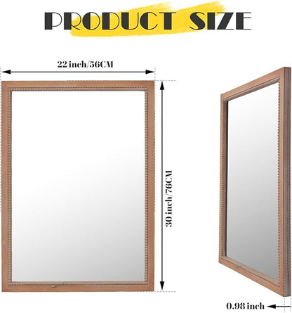 sawsile Rectangular Wood Mirror,22x30 inch Rustic Farmhouse Natural Wooden Frame Boho Beads Wall Mirror for Bathroom,Living Room,Bedroom or Entryway