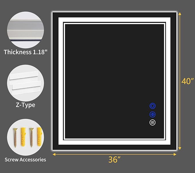 40"x36" LED Bathroom Mirror with Anti-Fog, Stepless Dimmable Lights, 3 Color Modes, Shatter-Proof Tempered Glass,Waterproof Design
