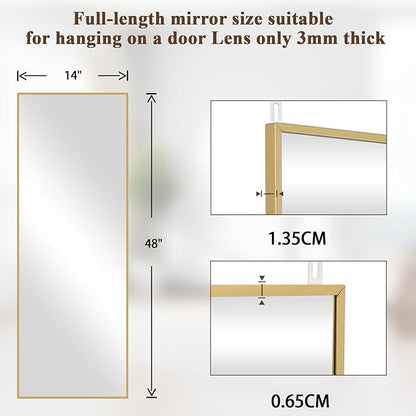 VooBang 14" x 48" Adjustable Height Over The Door Mirror - Rectangular Full Length Hanging Door Mirror with Shatterproof Tempered Glass Gold Metal Frame for Dormitory