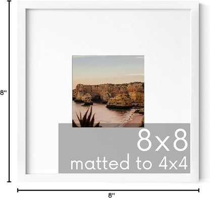 HAUS AND HUES 8x8 White Metal Frame Matted to 4x4 - Premium Aluminum, Shatterproof Plexiglass - Ideal for Home, Room, Office (8x8 in, White, Set of 1)