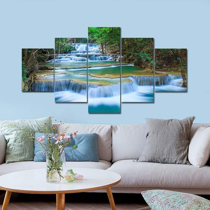 Wieco Art Peaceful Waterfall 5 Panels Large Canvas Paintings Wall Art Modern Gallery Wrapped Landscape Forest Giclee Canvas Print Artwork Photo Pictures for Living Room Bedroom Home Decorations L