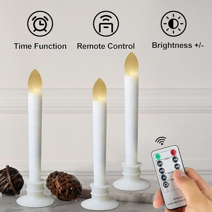 2 Pack Flameless Taper Candles with Remote/Timer, Battery Operated Flickering LED Window Candles, Vintage Christmas Electric Fake Candlesticks, White Holder