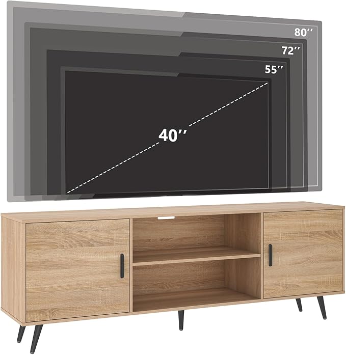 Mid Century Modern TV Stand - 70" for 75" TV, Wood with Storage, Entertainment Center for Living Room & Bedroom, Media Console, Oak