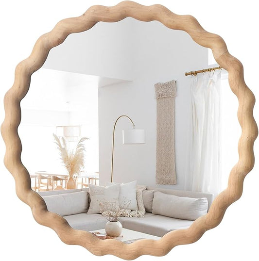 Irregular Wall Mirror,Wood Round Farmhouse Mirror Unique Vanity Mirror,28" Nature Wooden Modern Bathroom Mirror for Washroom Living Room Bedroom