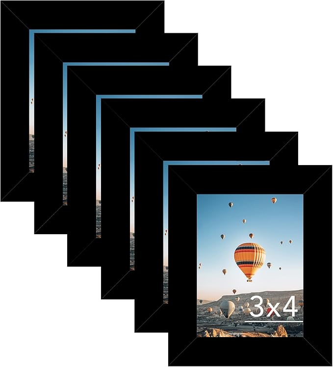 JCJMY 3x4 Picture Frame Set of 6 for Tabletop or Wall, 3 x 4 Wall Gallery Poster Photo Frame with Shatter Resistant Plexiglass, 6 Pack, Black
