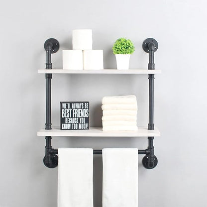 MBQQ Iron Pipe Shelves Industrial Bathroom Shelves with Towel bar,24in Rustic Metal Pipe Floating Shelves Pipe Wall Shelf,2 Tier Industrial Shelf Wall Mounted,Black & White