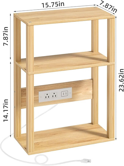 YUFAM Small Narrow Wood Side Table with Charging Station, 3-Tier Slim End Table for Small Space, Skinny Nightstand with Storage for Couch, Thin Bedside Table with USB Ports and Outlets, Natural