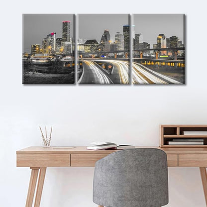 TUMOVO 3 Panel Houston Skyline Office Decor American Cityscape Pictures Black and White Wall Art Nighttime Skyscrapers Lightscape Artwork Posters and Prints Framed Ready to Hang (36" Wx16 H)