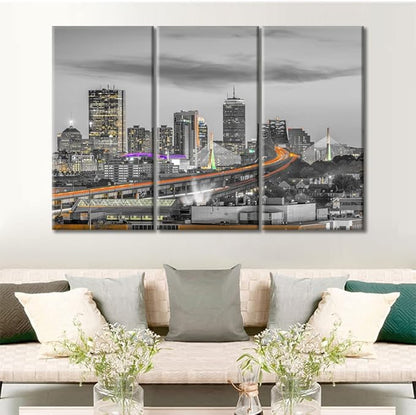 TUMOVO Boston Massachusetts USA Skyline Bathroom Decor Wall Art 3 Piece Bridges and Highways Nighttime Lightscape Black and White Wall Art Posters and Prints Framed Ready to Hang (36" Wx24 H)