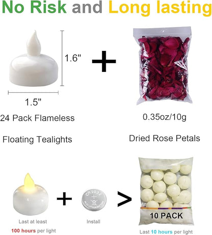Homemory 24 Pack Waterproof Flameless Floating Tealights with Dried Rose Petals, Warm White Battery Flickering LED Tea Lights Candles - Wedding, Party, Centerpiece, Pool & SPA