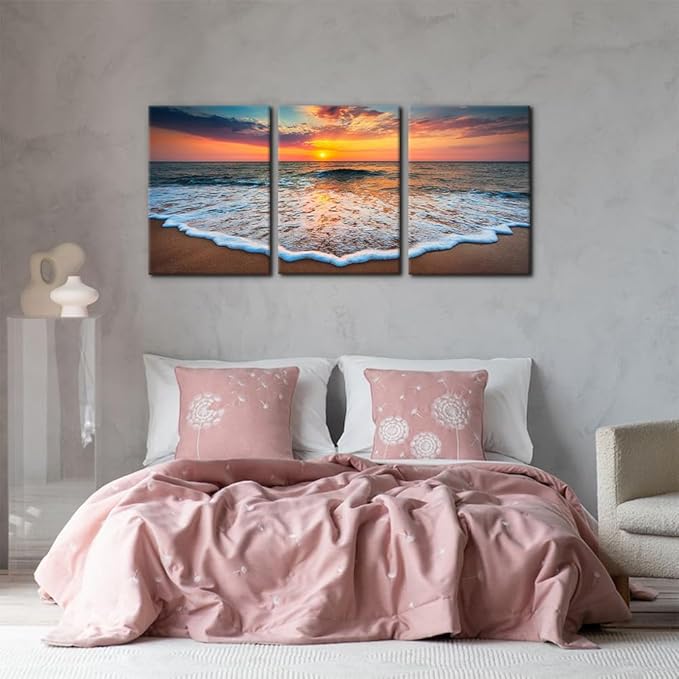 Pacimo 3 Pieces Wall Art Decor Beach Canvas Print Picture Sunrise Ocean Waves Scenery Painting Artwork for Office Wall Decor Home Decoration Stretched and Framed Ready to Hang - 20"x28"x3 Panels
