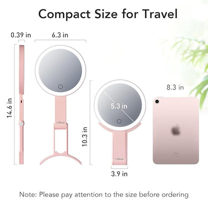 LitBear Travel Makeup Mirror with Lights, Rechargeable Double-Sided 10X/1X Magnifying Mirror, Portable Lighted Beauty Mirror, 3 Color Lighting, Dimmable Touch Screen, Tabletop Handhold Hanging (Pink)