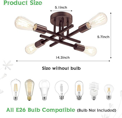 4-Light Semi Flush Mount Ceiling Light Fixture, Oil Rubbed Bronze Modern Industrial Sputnik Chandelier Light Fixture, Metal Flush Mount Ceiling Light for Kitchen Bedroom Living Room Closet, No Bulb