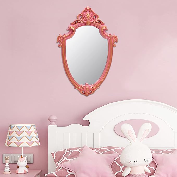 Eaoundm 16.5 x 11 inch Vintage Mirror Antique Mirror Decorative wall Mirror Shield Shape (Pink)