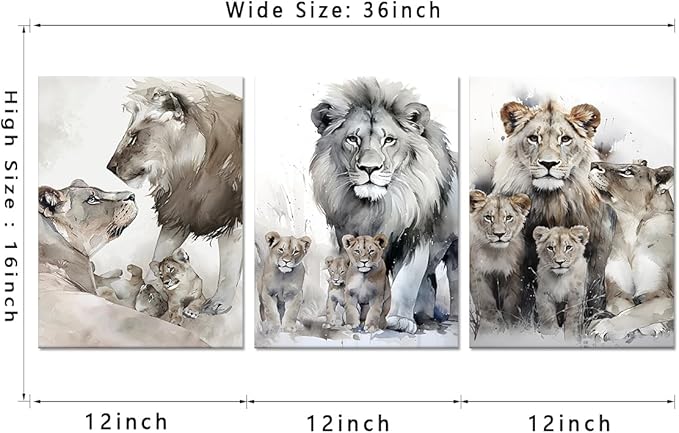 Modern 3 Piece Wild Animal Lion Canvas Paintings Lion Family Portrait Pictures Wall Decor Artwork Living Room Bedroom Home Office Decorations, Framed 12W'' x 16H'' x 3pcs