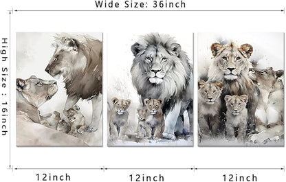 Modern 3 Piece Wild Animal Lion Canvas Paintings Lion Family Portrait Pictures Wall Decor Artwork Living Room Bedroom Home Office Decorations, Framed 12W'' x 16H'' x 3pcs