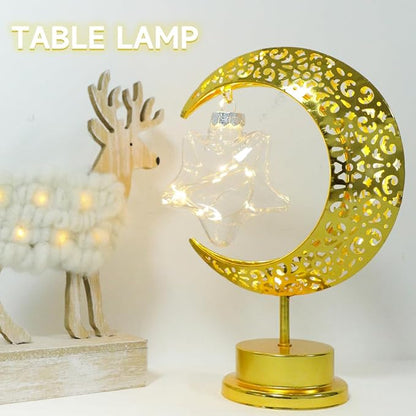 Gold Moon Table Night Light with Hanging Star Ramadan Decorative Lamp Battery Operated Suitable for Home Bedroom Shop Dining Table Holiday Party Eid Festival Decoration (Gmoon-WW-Star)