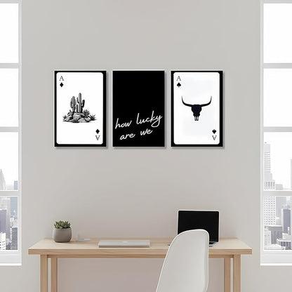 Yxjyzzkx 3-Piece Western Playing Card Wall Art Canvas Set, Black and White Cowboy Aesthetic Wall Decor, Ace of Spades Longhorn Minimalist Quote Canvas Prints for Living Room Bedroom Office