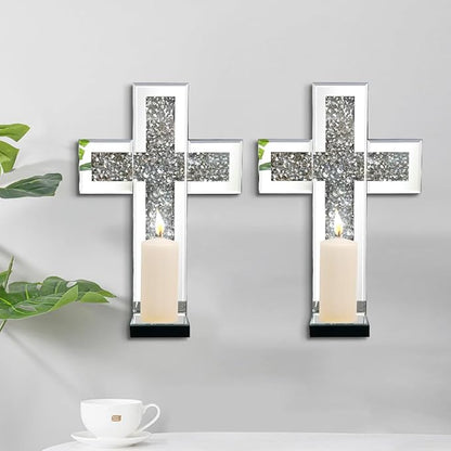 Aeveco Crystal Crush Diamond Mirrored Candle Sconces, Silver Wall Candle Holder Set of 2, Wall Decoration for Living Room，Dining Room (Silver Cross)