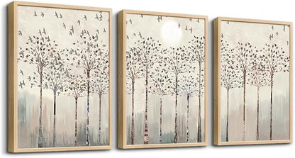 Natural Wood Framed Art Prints Wall Decorations For Living Room Wall Art For Bedroom Office Wall Decor Artworks Sunshine Trees And Birds Abstract Paintings Modern Home Frame Pictures Decor 3 Piece