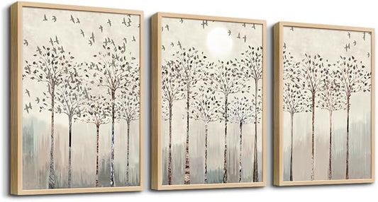 Natural Wood Framed Art Prints Wall Decorations For Living Room Wall Art For Bedroom Office Wall Decor Artworks Sunshine Trees And Birds Abstract Paintings Modern Home Frame Pictures Decor 3 Piece