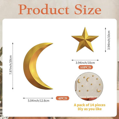 MidModArt 14PCS Mid Century Modern 3D Star Wall Art Gold Retro Starburst Sculptures Vintage Celestial Home Decor, Gold Moon-Combo