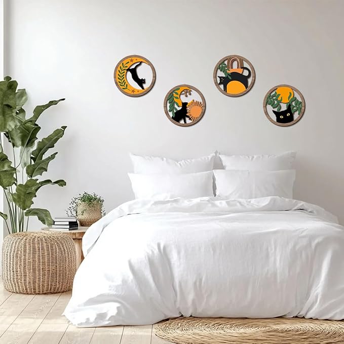 XFN 4PCs 3D Boho Cat Hanging Wooden Wall Art Wall Decor, Botanical Wall Decor Bohemian Decor, Cat Lover Gifts, Wooden Sign Wood Art Wood Plaque Home Decor for Living Room Bedroom Farmhouse Kitchen