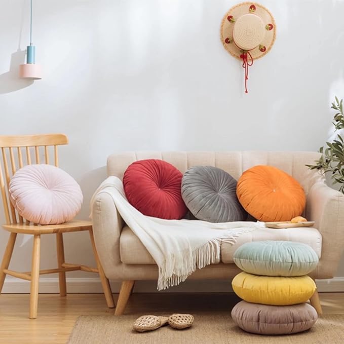 HLOVME Round Pillow Cushion for Couch Velvet Decorative Small Throw Pillow Solid Color for Living Room Bed Floor 15.7”, Light Brown