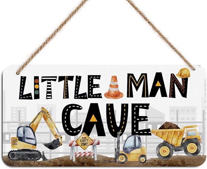 Little Man Cave Sign for Boys Construction Trucks Wooden Door Wall Hanging Nursery Decor Rustic Baby Room Toddler Boy Gamer Decor