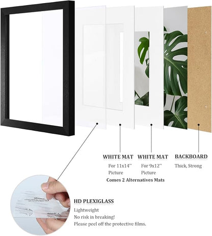 Egofine 12x16 Picture Frames 4PCS Covered by Plexiglass, Made of Solid Wood, Display Pictures 9x12/11x14 with Mat or 12x16 Without Mat for Wall Mounting, Black with Texture