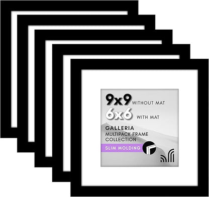 Americanflat 9x9 Picture Frame with Polished Plexiglass - Set of 5 - Use as 6x6 Frame with Mat or Display 9x9 Photo Without Mat - Galleria Collection - Square Frames for Tabletop and Wall - Black