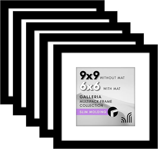 Americanflat 9x9 Picture Frame with Polished Plexiglass - Set of 5 - Use as 6x6 Frame with Mat or Display 9x9 Photo Without Mat - Galleria Collection - Square Frames for Tabletop and Wall - Black