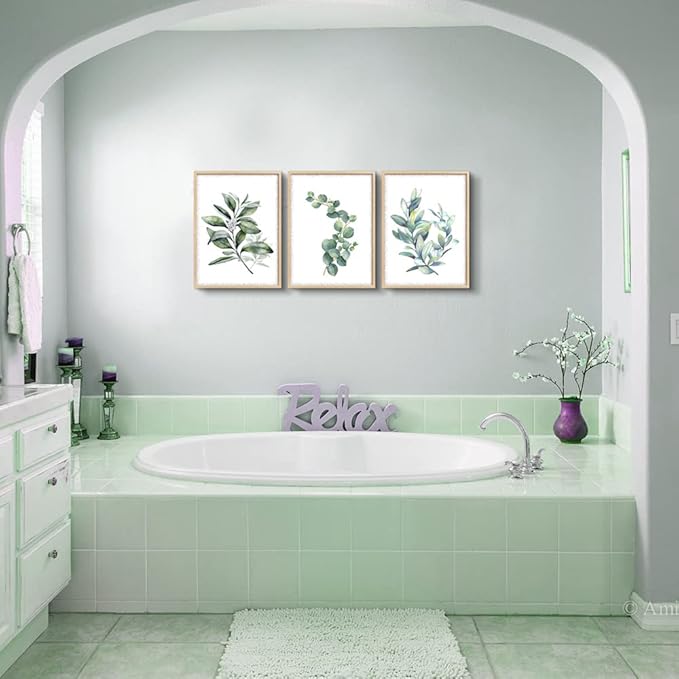 Framed Canvas Wall Art For Living Room Wall Decor For Bedroom Green Leaves Plants Watercolor Painting Office Wall Pictures Kitchen Wall Decorations Bathroom Decor Set Of 3 Piece Framed Art Prints
