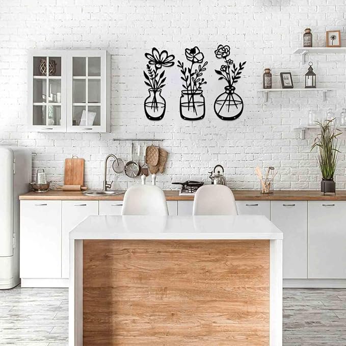 BFORXRO 3 Pieces Metal Flowers Wall Art Decor,Modern Farmhouse Black Wall Decor for New Home Bathroom Kitchen Living Room Bedroom Decoration Vase With Flowers