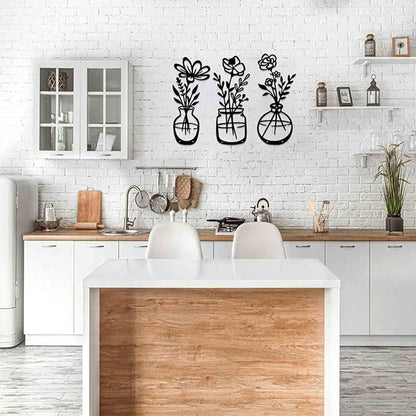 BFORXRO 3 Pieces Metal Flowers Wall Art Decor,Modern Farmhouse Black Wall Decor for New Home Bathroom Kitchen Living Room Bedroom Decoration Vase With Flowers